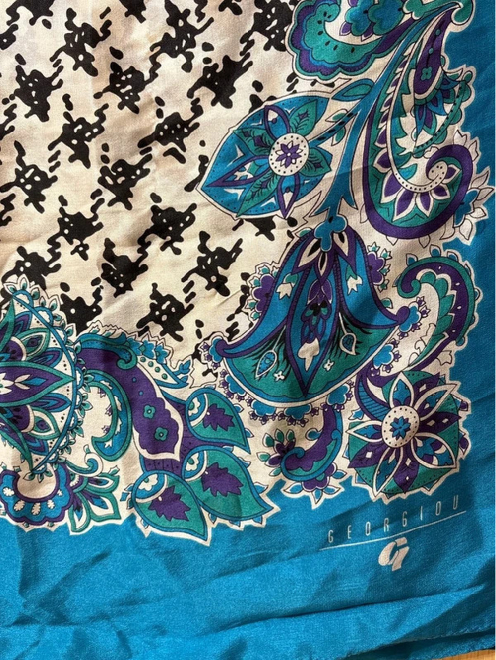 Vintage Georgiou 100% Silk Scarf - Aqua Blue Floral Paisley